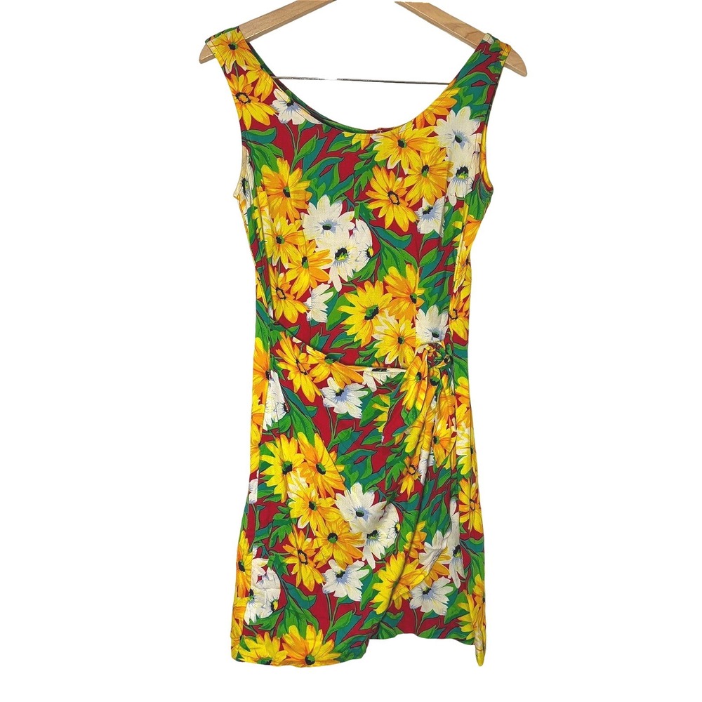 Vintage My Michelle Floral Mini Dress Yellow‎ Red Sunflower Side Tie Rayon 5/6